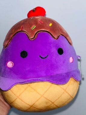 Squishmallows Purple Ice Cream Cone Plush with Brown Topping and Red Cherry